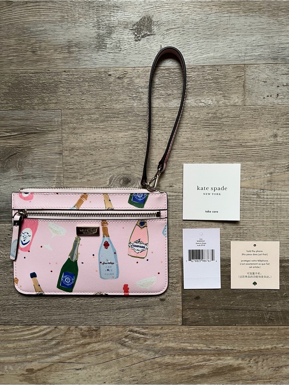💕🎀👛Kate Spade Shore Street Tinie Wristlet Wallet Champagne Bottles Pink 2020